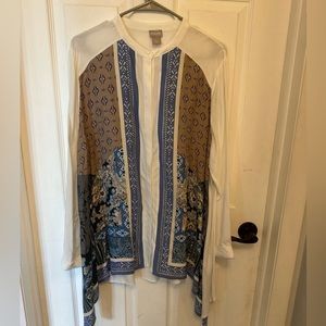 Chico's Button Down Tunic Blouse Sharkbite Size 2/L Kimono Collar Handkerchief.